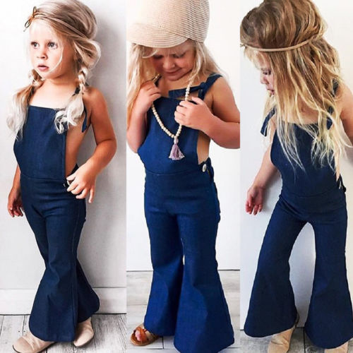 Nuovo Arriavl Jeans Boot Cut Tuta Bambini Del Denim Delle Ragazze Salopette Cinghia Senza Maniche Pagliaccetto Tuta Playsuit Abbigliamento 1-6Y