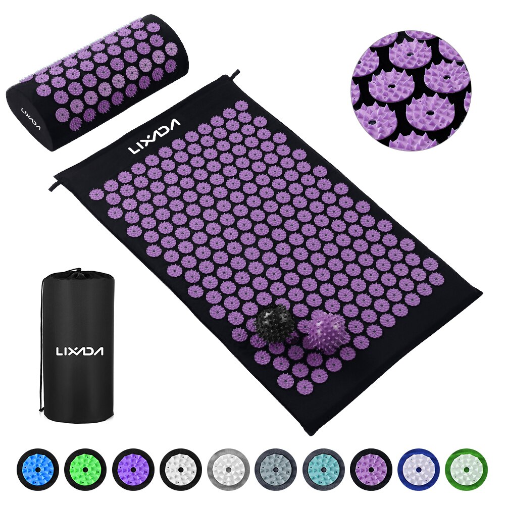 Digitopressione Zerbino e Cuscino Set con 2pcs Spiky Sfere di Massaggio per la Schiena/Collo/Piedi Sollievo Dal Dolore e rilassamento muscolare con Borsa per il trasporto: Black Purple