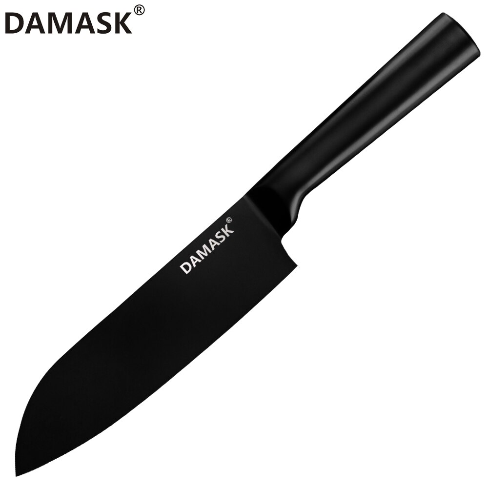 Damask rustfrit stål køkkenkniv sæt sort farve kok hakke nakiri slagter knive sæt 4 cr 14 mov kogekniv: 7 tommer santoku