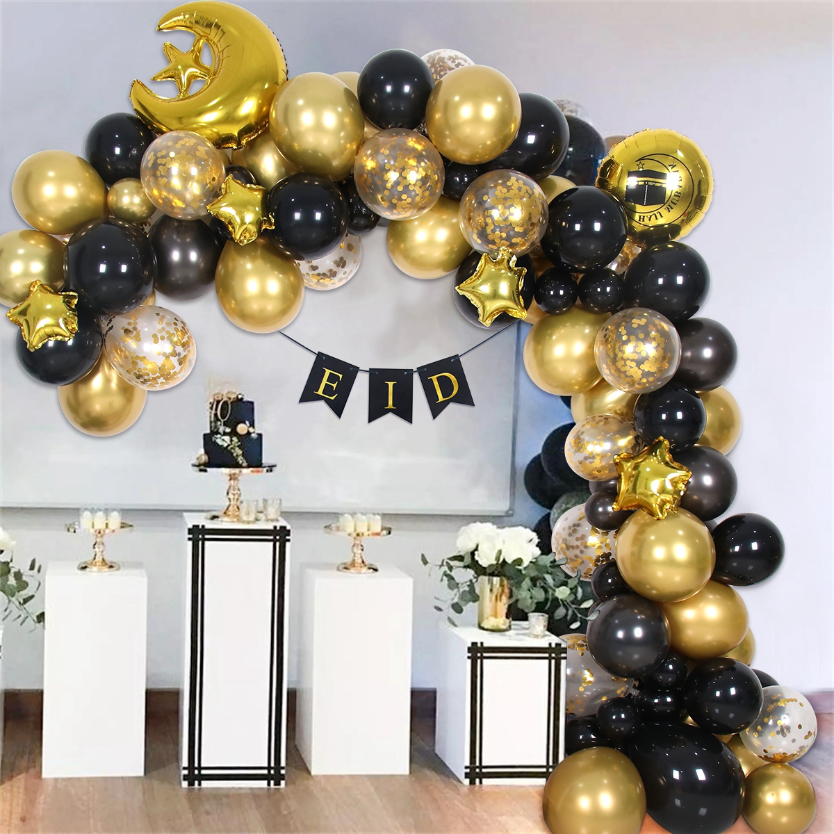 Black Gold EID Mubarak Balloon Garland Arch Kit Banner Ramadan Decoration For Home Birthday Party Decoration Kids Latex Baloon