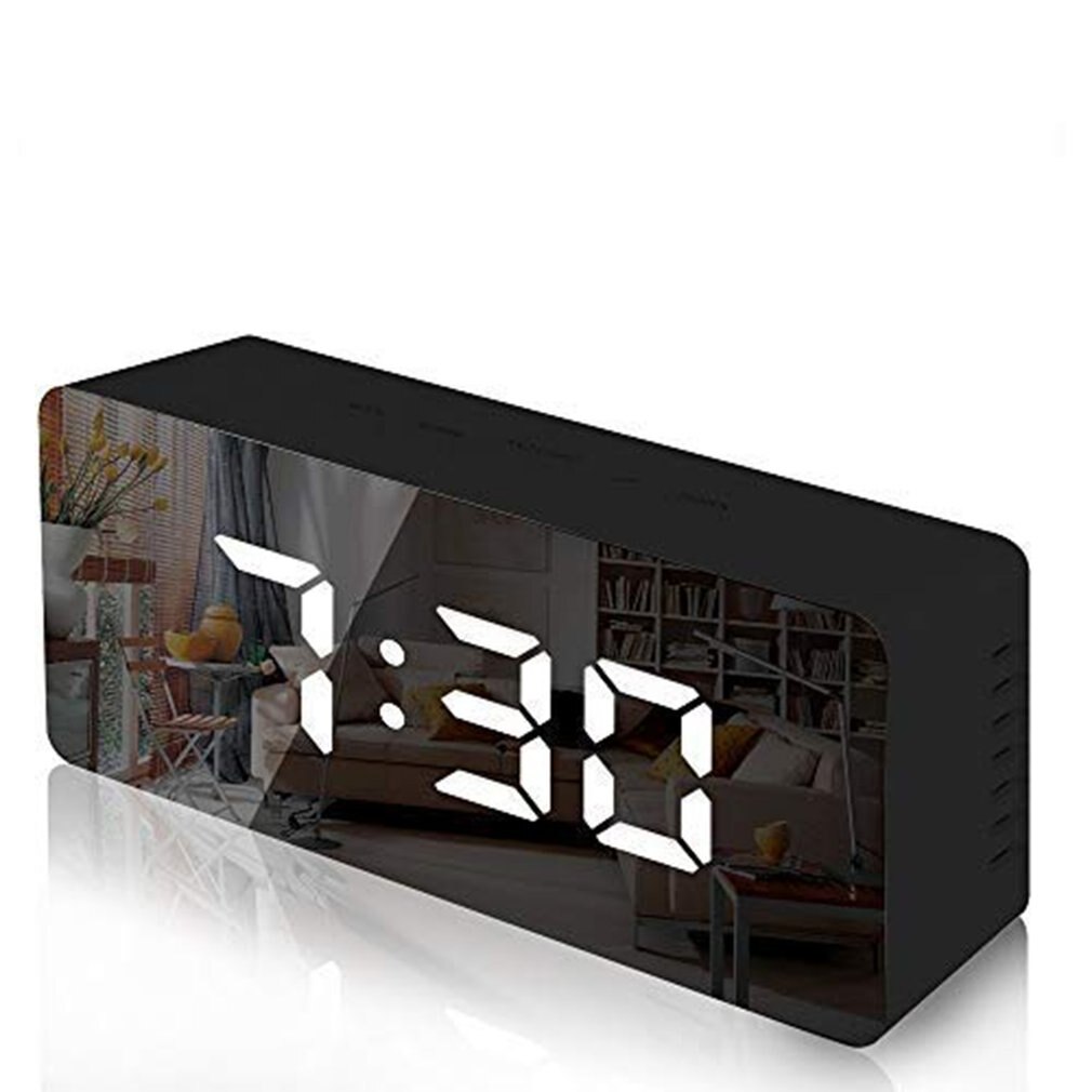 LED Temperature Display Digital Mirror Alarm Clock With Snooze Time Adjustable Brightness For Bedroom Office