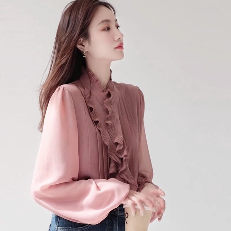 Camisa de gasa con volantes para mujer, de Color sólido blusa , informal, combina con todo, primavera y otoño: XL / Rosa