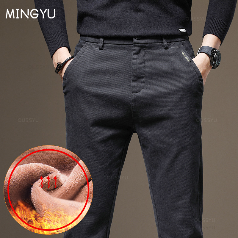 Pantalones informales cálidos de lana para hombre, de algodón, cintura elástica, sarga, trabajo, flocado, pantalones Cargo gruesos, novedad de invierno de 2024