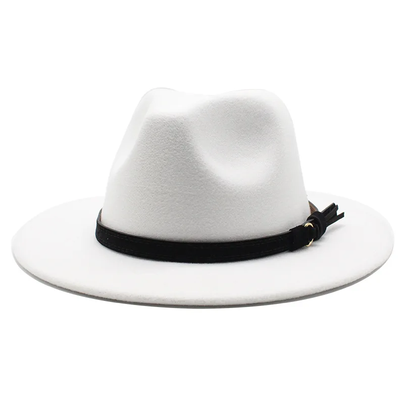 Sombrero Fedora de fieltro Gangster Trilby, gorras de Jazz de ala ancha europea americana, sombrero de boda blanco de lana para hombres y mujeres, 56-58-61CM: L / Blanco