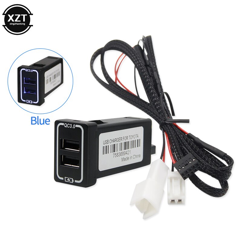 QC3.0 Quickcharge Car Charger Dual USB Phone PDA DVR Adapter Plug & Play Cable For Toyota series Cars: blue