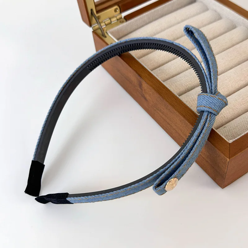 Diadema de perlas con lazo de Color azul vaquero Retro para niña, bandas para el cabello dulces para mujer, aro para el cabello con temperamento, accesorios para el cabello de femenina: Gris