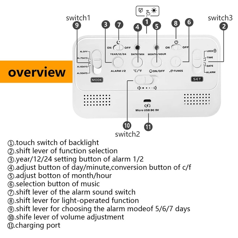 -Music Alarm Clock, Digital Clock for Bedroom with Dimmer, Snooze,USB Rechargeable Clock with Dual Alarm, Smart Press Backlig