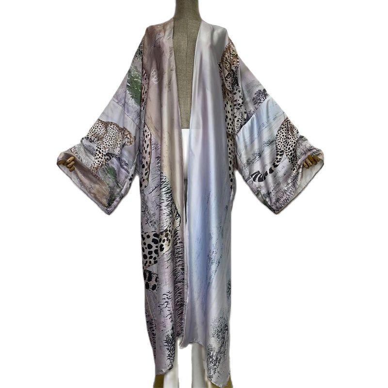 Winyi Herfst Tiger Printing Beach Wear Swim Pak Elegante Afrika Vrouwen Boho Vest Sexy Lange Mouw Kimono Jurk