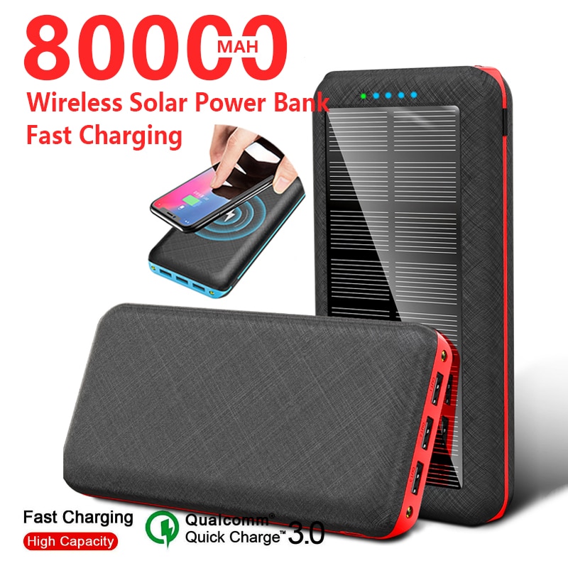 80000mAh Qi Wireless Solar Power Bank Outdoor Fast Charger Portable 3 USB Phone Charger for Xiaomi Samsung Iphone Power Bank