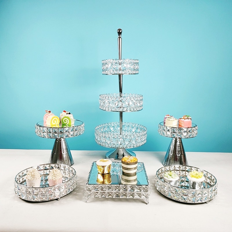Metal square crystal silver cake stand tall paper cup wedding cake decoration