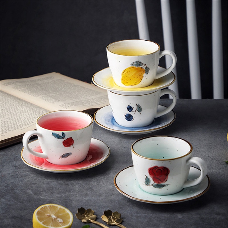 Retro Hand-painted Lemon Ceramic Coffee Cup and Saucer Set Japanese Afternoon Tea Cup Porcelain Milk Cup Drinkware