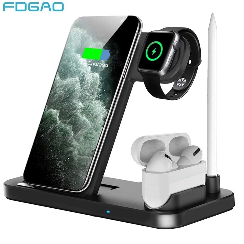 FDGAO 4 en 1 Qi chargeur sans fil 10W Station de chargement rapide pour iPhone 11 Pro XS XR X 8 Plus Apple Watch 5 4 3 2 AirPods Pro