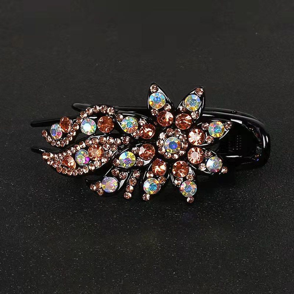 Épingle à cheveux en strass brillant, feuille de fleur, bec de canard, griffes rétro, accessoires pour cheveux pour femmes, couvre-chef queue de cheval brillante: Beige