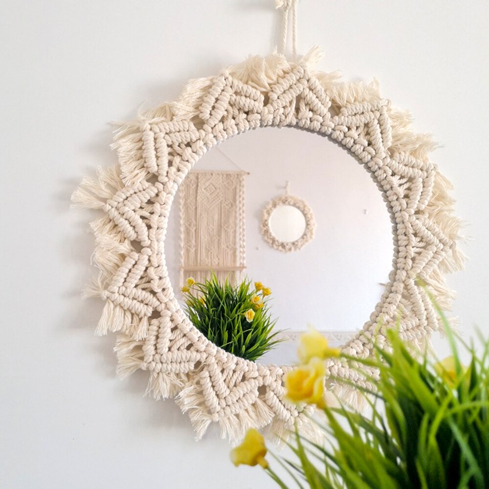 Macrame espelho artesanal tapeçaria maquiagem espelho charme iluminado compacto casa quarto decorativo parede pendurado espelhos decoração da sua casa