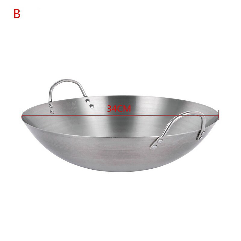 Rostfritt stål icke -beläggning woks gasspis traditionell handgjord gryta med dubbla öron kock fry wok: B 34cm