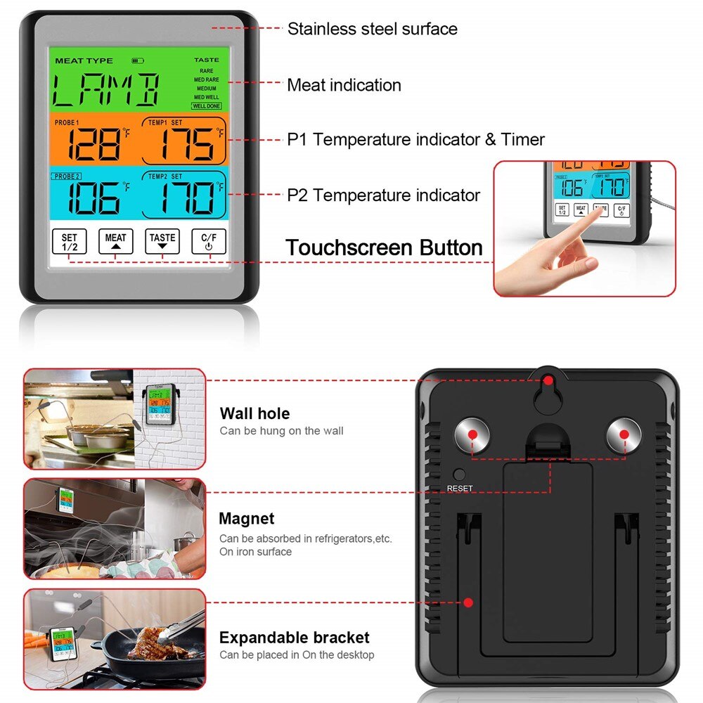 Digital Food Thermometer Touchscreen Meat Thermometer With Waterproof 2 Probe for Kitchen Cooking Grilling Smoking Oven BBQ