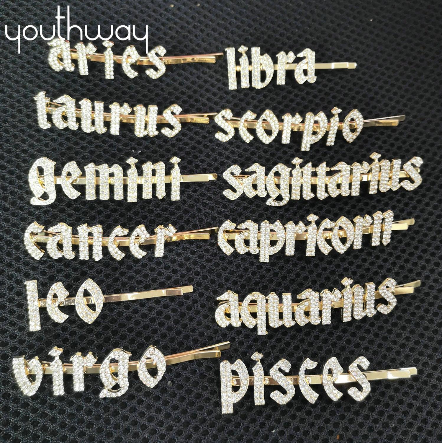 12 Zodiac Strass Haarspelden Shiny Crystal Word Letters Haar Clips Alle Zodia Borden Barrette Accessoires Sieraden Kerstcadeau