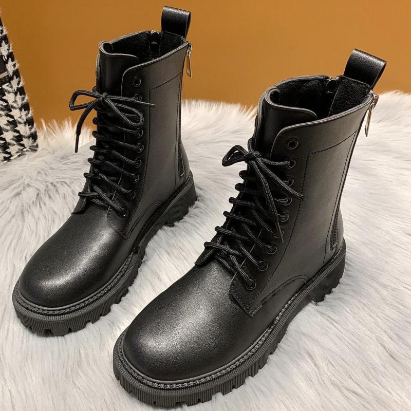 neue Landebahn Dicke Sohle Runde Kappe Stiefeletten Frau niedrig Fersen Postleitzahl Motorrad Stiefel Für Frau Spitze hoch Schwarz ritter
