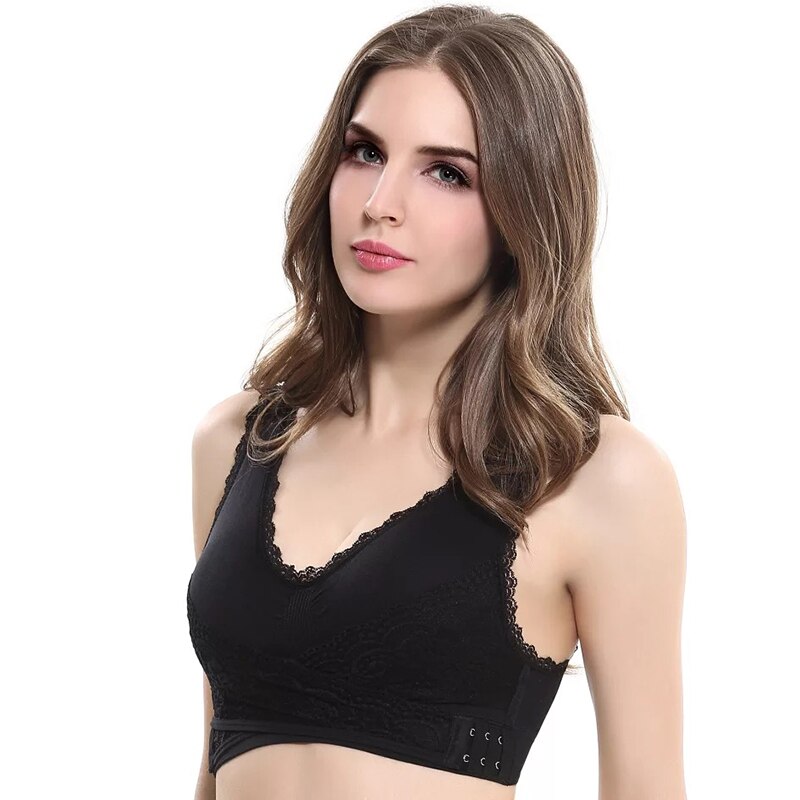 Nieuwste comfortabele volledige ondersteunende bh kanten bralette effen kleur voorkant kruis zijkant gesp bh: Zwart / Medium
