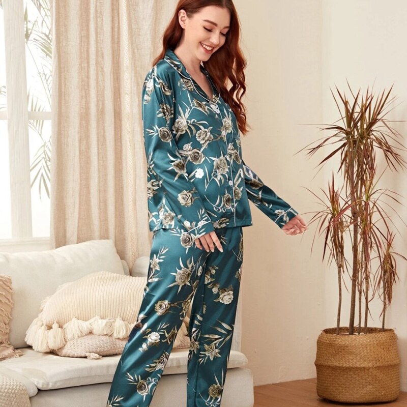 Plus Size Pj Sets Women Silk Satin Pajamas Pyjamas Set Sleepwear Long Sleeve Pyjamas Cute Top and Long Pants Pijama Sleepwear