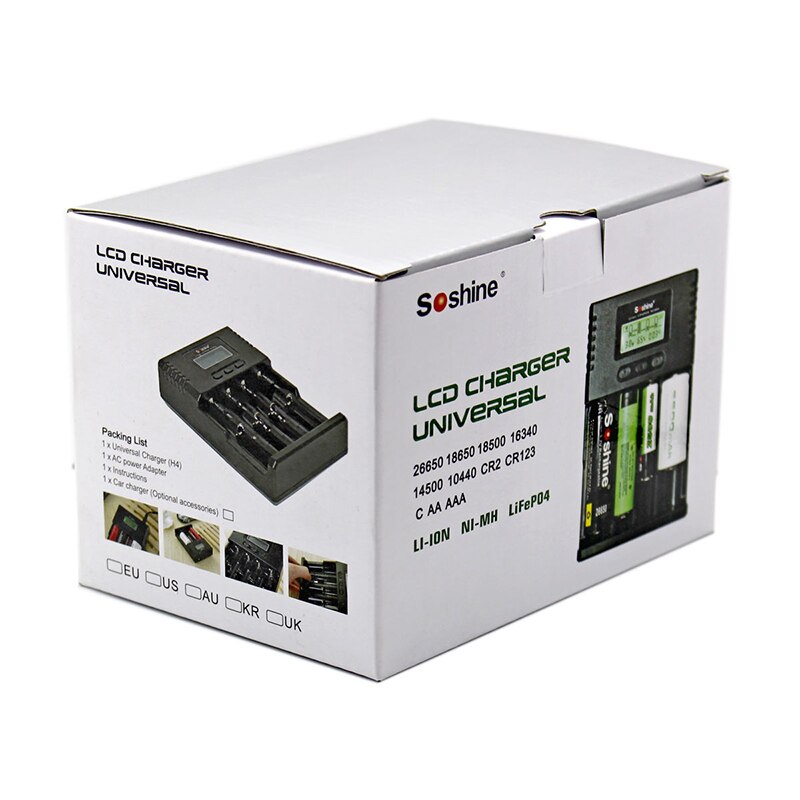Soshine H4 LCD chargeur de courant universel réglable intelligent pour 26650 18650 16340 Li-ion liifelium NiMH 1.2V C AA AAA w/chargeur de voiture