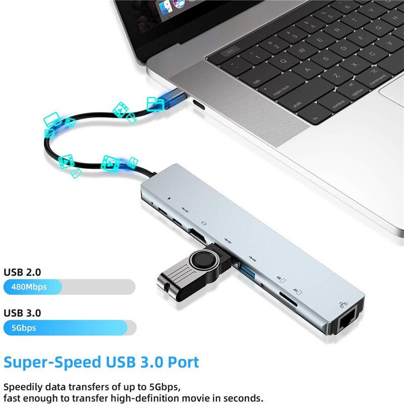 8 In 1 USB-C Docking Station Multi-Port Hub 4K RJ45 Kartenleser Adapter Expander Lade Für Laptop PC Notebook für Mac