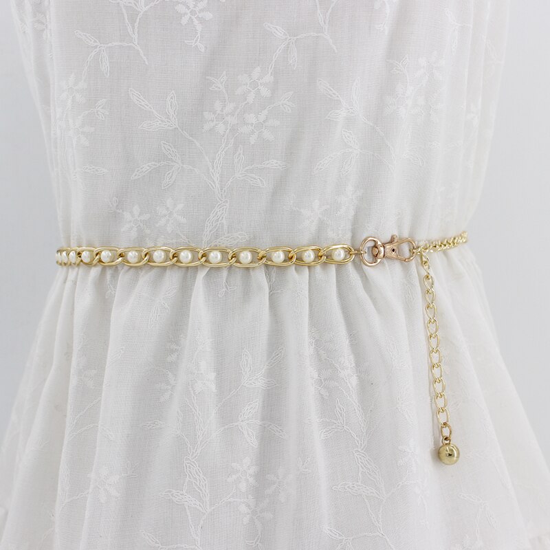 Cinturón de cadena de cintura estrecha con perlas de imitación para mujer, accesorios para vestido de tirantes, 9 colores