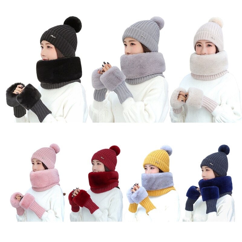 Dames winter 3 stuks pompom muts harige cirkel sjaal vingerloze handschoenen set  x7jb