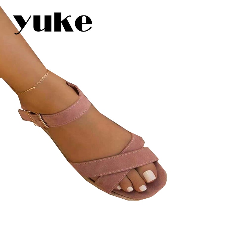 YUKE Femmes Compensée Boucle Moyen Talons Hauts Dames Décontracté Solide Chaussures À Bout Ouvert Confortable En Cuir PU Jaune Sandales