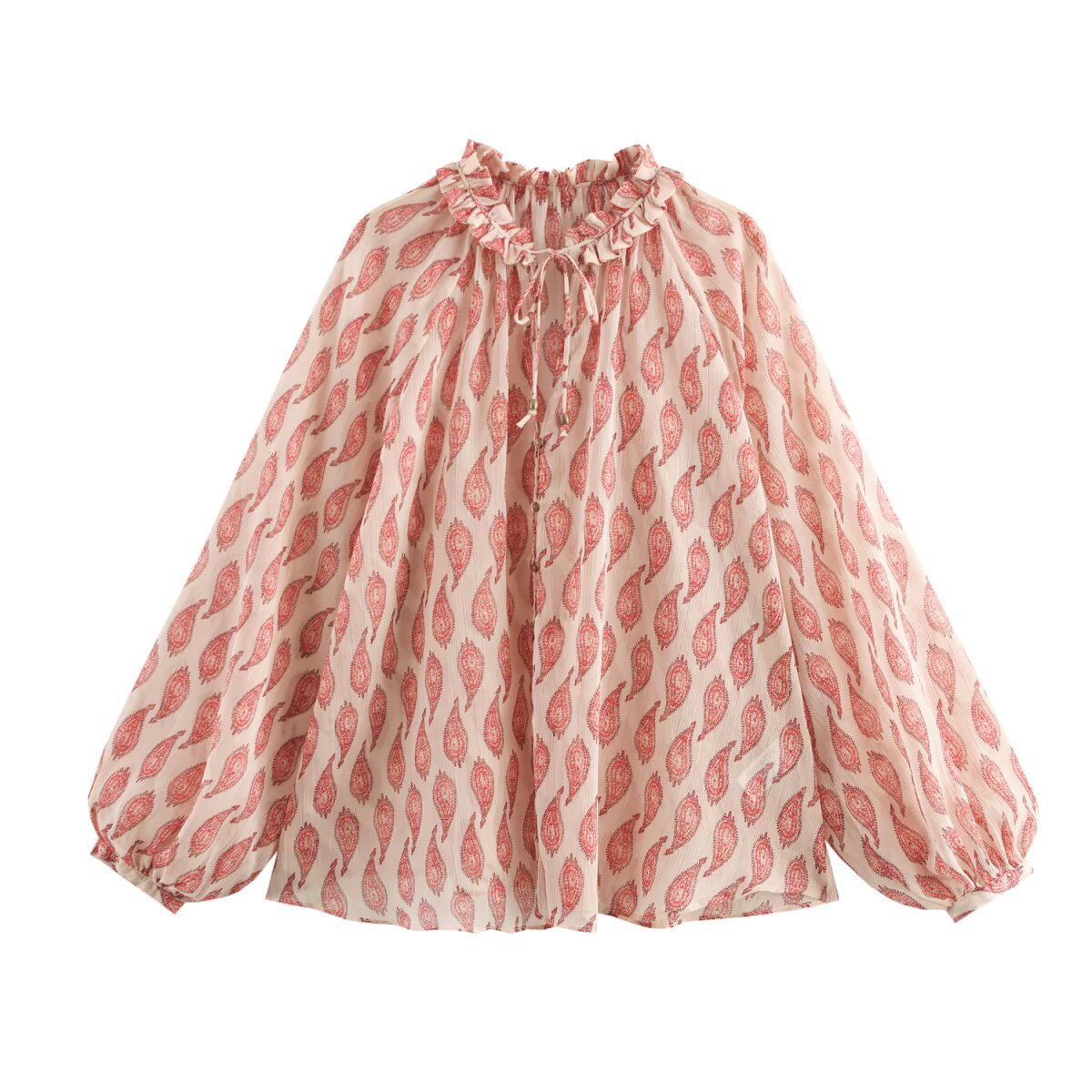 ZBZA Bedrucktes Damen-Shirt mit metallisch-Faden, Kordelzug, Rüschenkragen, langen Ärmeln, einreihig, lockerer Saum, Manschetten, geraffte Oberteile, Frühling, Sommer, neues lässiges, schickes Shirt: XS