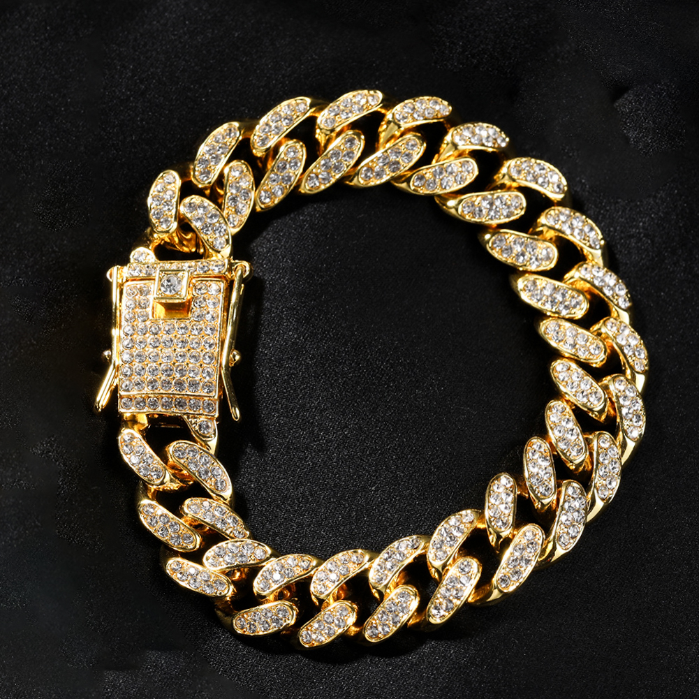 HipHop Men Women 13MM Prong Cuban Link Chain Bracelet Bling Iced Out 2 Row Rhinestone Paved Miami Rhombus Cuban Chain Jewelry