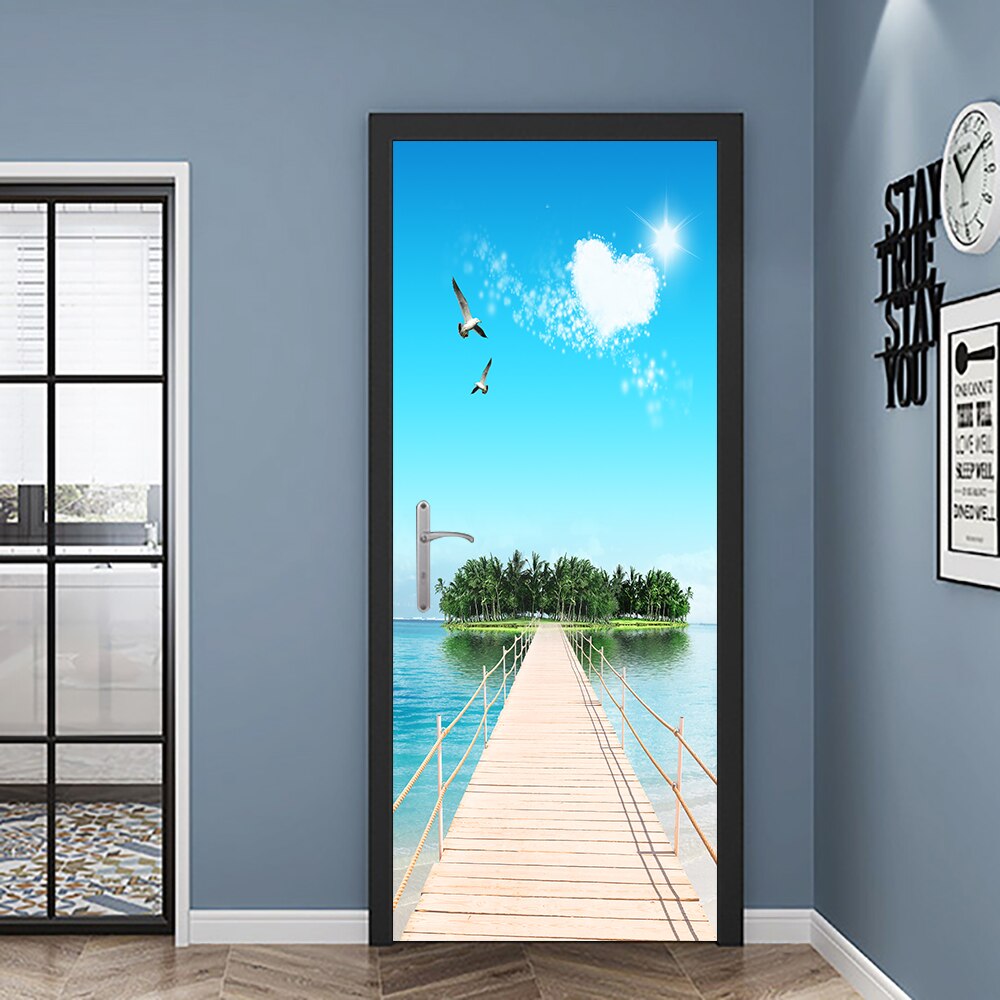 Pegatina de puerta DIY de paisaje insular de hermoso estilo, pegatinas de pared para decoración del hogar, Mural artístico para porche de cocina, papel tapiz de PVC