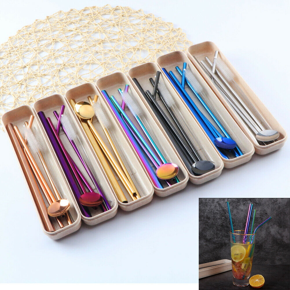 4Pcs Set Reusable Stainless Steel Metal Straw Drinking Straws Washable With 2 Cleaning Brush For Mugs