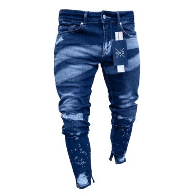 Mænds ripped skinny distressed destroyed slim fit stretch biker jeans bukser med huller jeans slim fit denim bukser bukser: Xl
