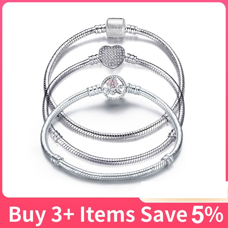 17-21cm Silver Color Love Snake Chain Bracelet Fit Original Beads Charm DIY Bead Bangles Jewelry Making