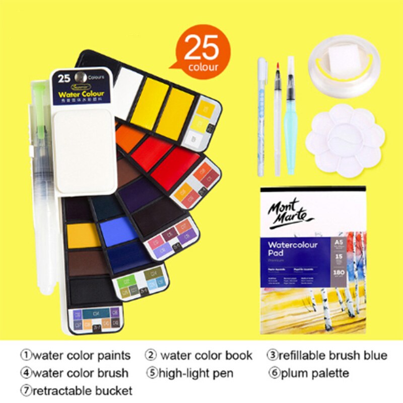 18/25/33/42 solid akvarel maling sæt med vandbørste pen foldbar rejse vand farve pigment til tegning: 25 farver med 6 gaver