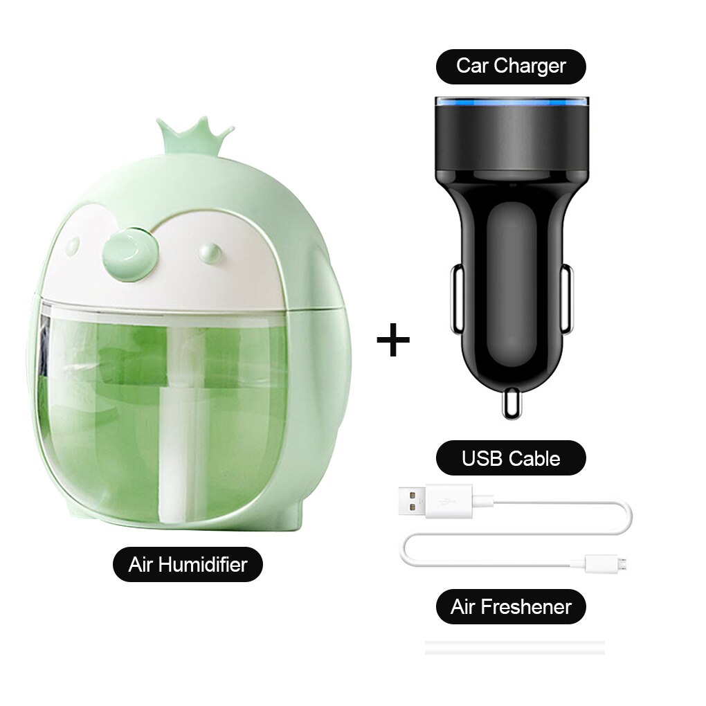 Humidificador de aire 300ML lindo pingüino Ultra-silencioso USB Aroma esencial habitación coche lámpara de noche LED vaporizador purificador de aire ambientador de aire: green set
