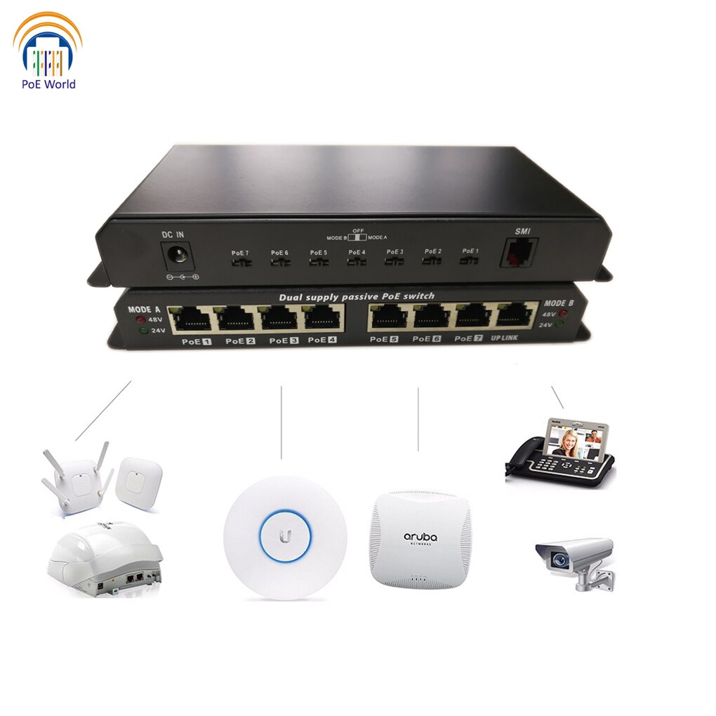 Gratis POES-8-7 Passieve Poe Schakelaar 7 Poe Poort 24V 48V Modus A &amp; B Voor Poe Camera, access Point, Ubnt Apparaten