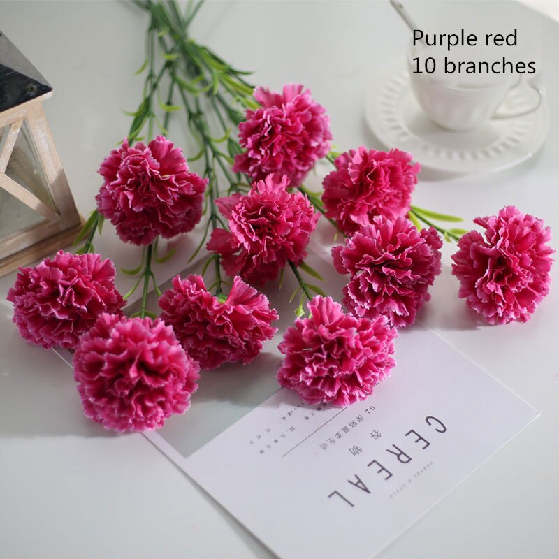 10 Stks/set Zijde Anjer Kunstbloemen Bundel Rood Geel Roze Nep Anjers Boeket Wedding Party Centerpiece Decoratie: purple red