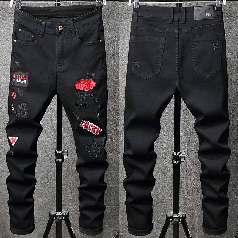 Mens Black Ripped Stretch Denim Jeans Flower Embroidery Men Skinny Jeans Scratched Pants
