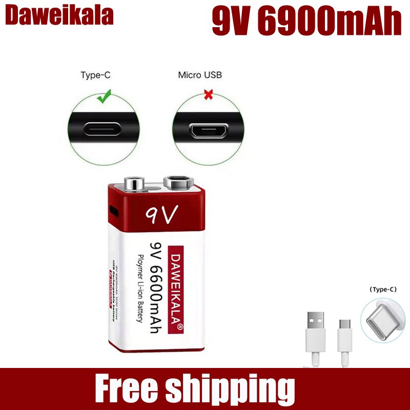 9V 6900Mah Lithium Ion Oplaadbare Batterij Type-C Usb Batterij 9V Multimeter Lithium Microfoon Metalen detector + Kabel