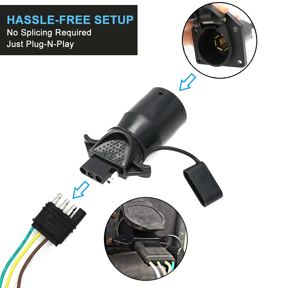 12V Trailer Adapter 7 Way RV Blade Style Round Plug Socket Connector Adapter to 4 Way Flat Plug with Dust Cover