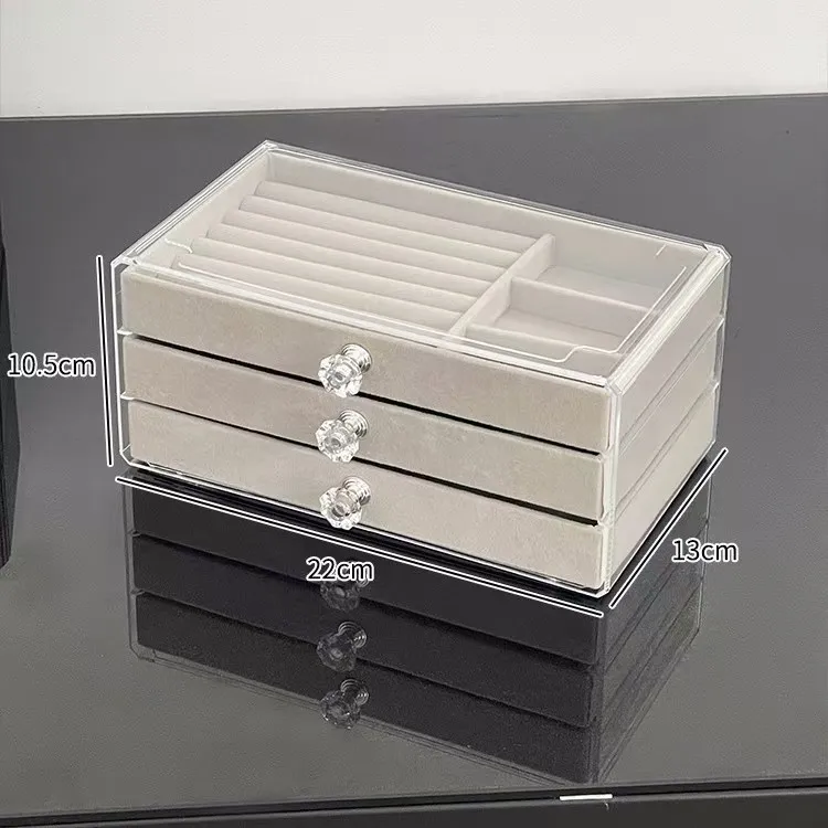 Acrylic Velvet Jewelry Organizer with 3 Drawers Stackable Display Storage Earrings Necklace Bracelets Box Holder Case for Women: GRAY