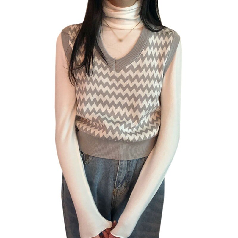 Korean Loose Knitted Sweater Vest Women Retro V-neck Sleeveless Sweater Vests Bottoming Tops: Gray