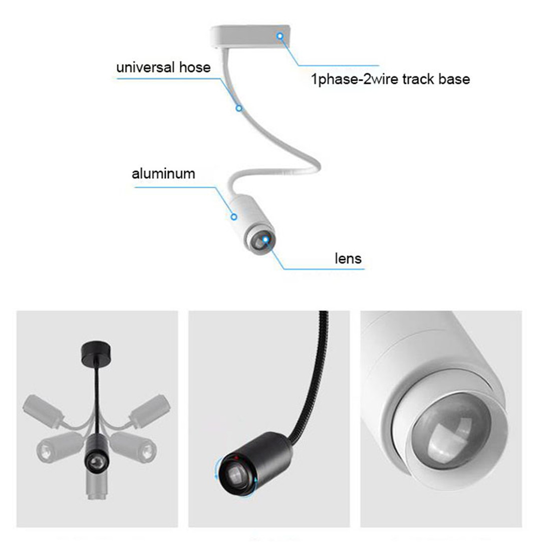Kommerzielle 30 cm oder 50 cm lange Arm-Schwanenhals-LED-Schienenleuchte mit Abstrahlwinkeleinstellung für sterben Beleuchtung von beladen, beladen, Einkaufszentrum, Ausstellungen und Zuhause