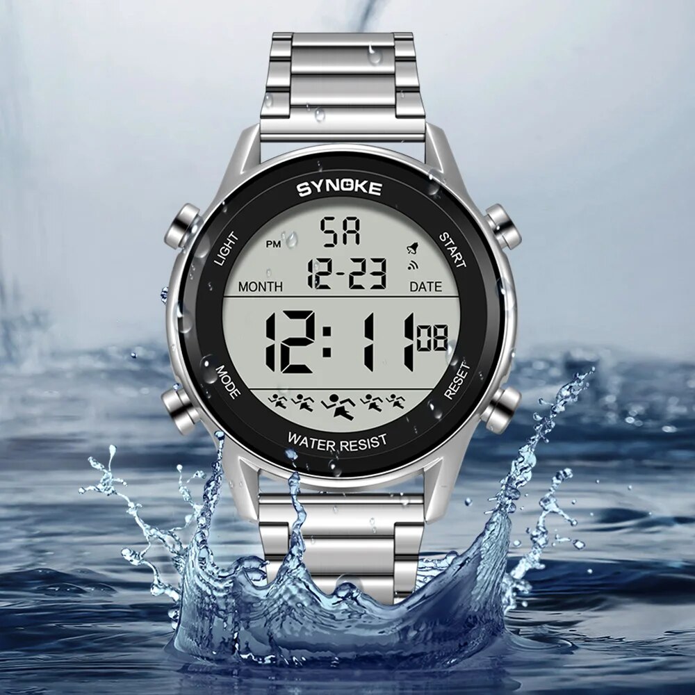 Synoke Top Luxe Roestvrijstalen Band Sporthorloges Heren Waterdicht Achterlicht Digitaal Polshorloge Mannelijk Alarm