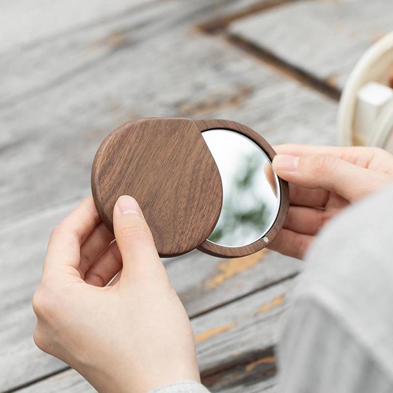 Espejo portátil de madera de nogal chino antiguo, espejo de maquillaje para chica de viaje al aire libre, espejo de tocador plegable portátil