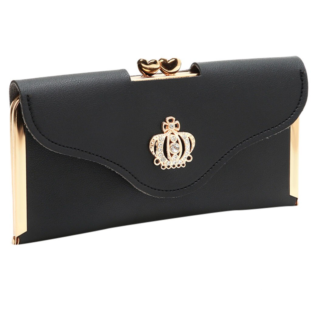 Clutch Bag Crown Diamond Mobile Phone Bag Ladies Long Evening Purse Vintage Women Leather Wallet Pocket Credit Card: Black