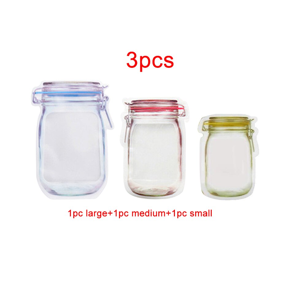 Mason Jar-bolsas de almacenamiento con forma de tarro, para aperitivos, galletas, dulces, frescas, con cierre y cremallera, organizador de pie: 3pcs mix size