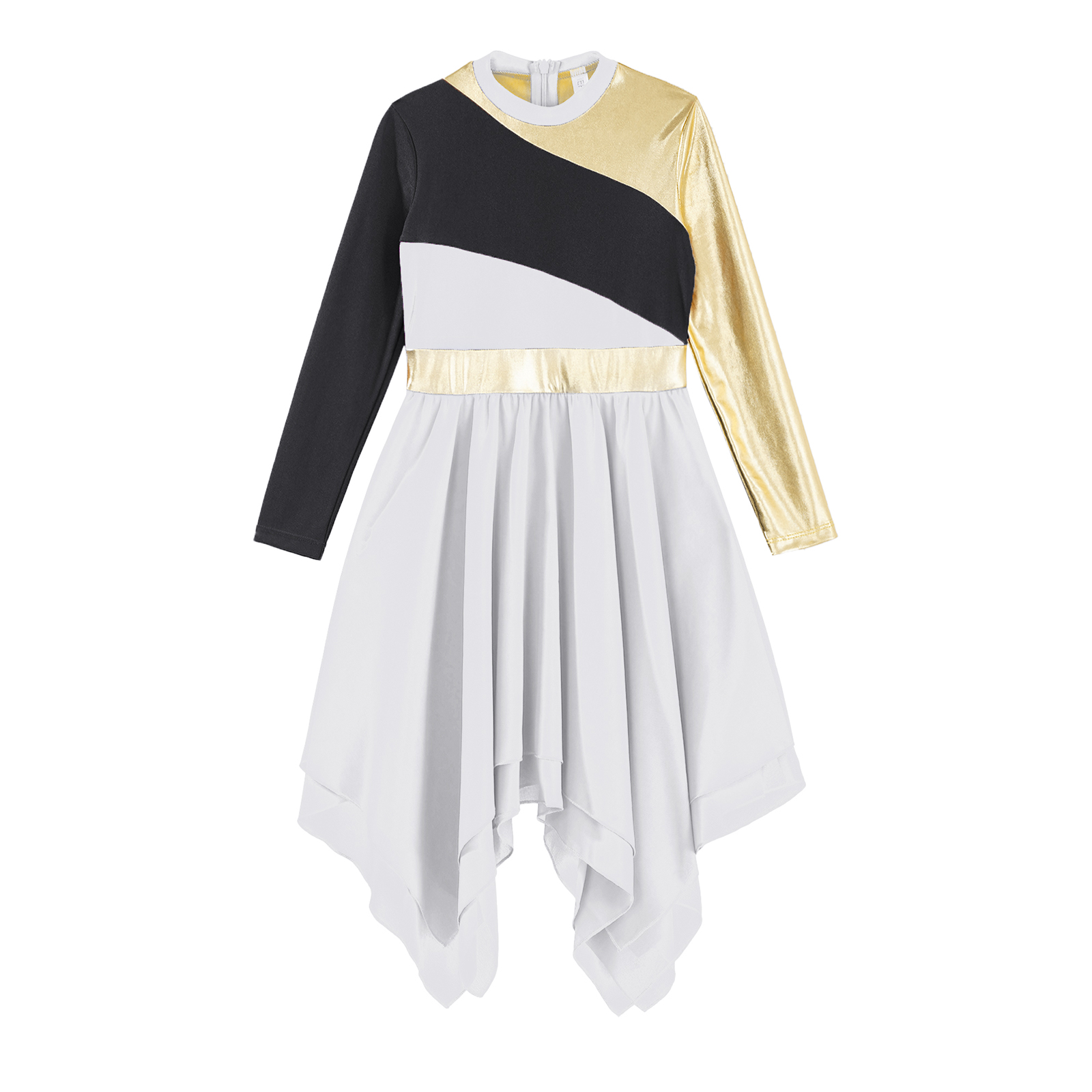 Kids Girls Praise Lyrical Dance Dress Ballroom Dancing Church Choir Worship Costume Long Sleeve Contrast Chiffon Dress Dancewear